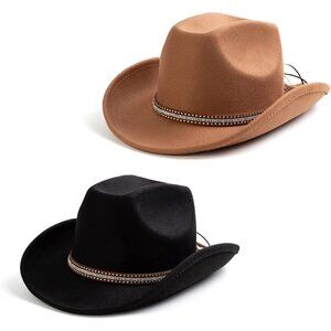 Unisex Black & Brown Pack of 2 Rhinestone Band Buckle Fedora Cowboy Felt Hat